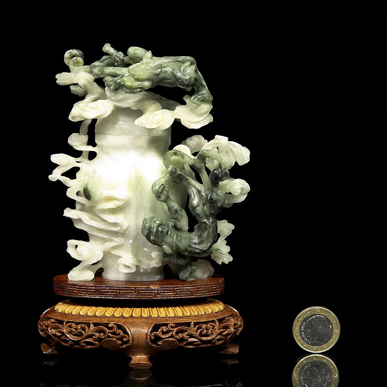 Chinese jade vase with lid and wood pedestal, 20th century