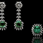 Set of platinum, colombian emerald and brilliant-cut diamonds earrings and ring