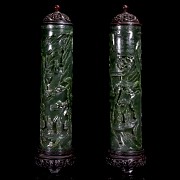 Pair of spinach green jade incense burners, Qing dynasty