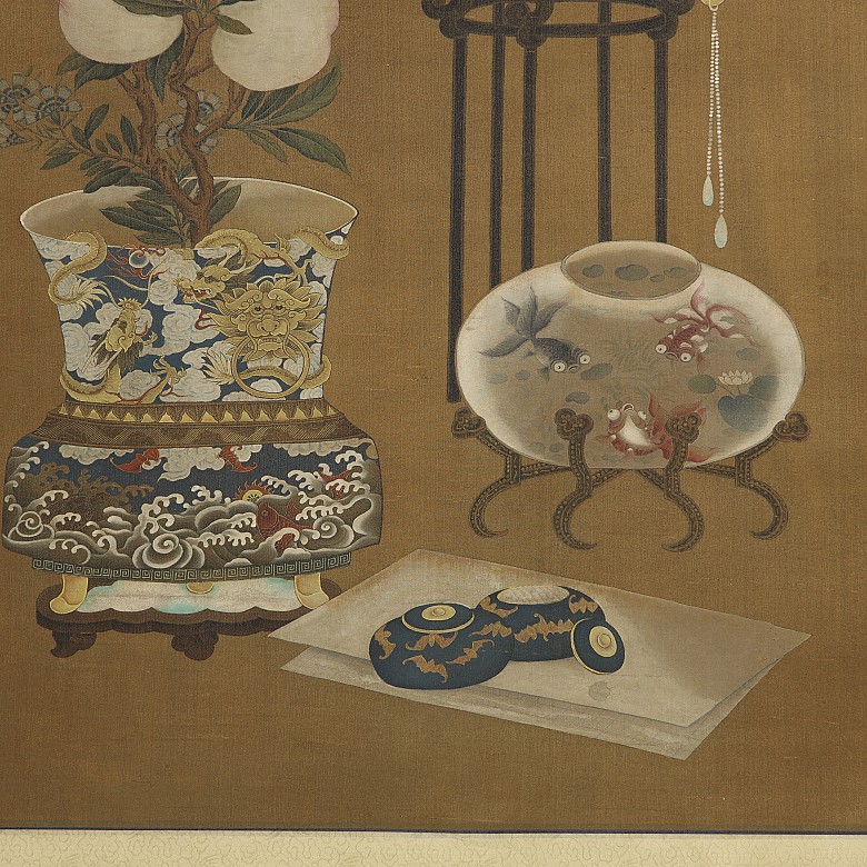 Chinese painting ‘Still-life of lotuses and peaches’, Qing dynasty