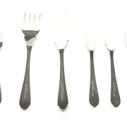 Large silver plated metal cutlery set with case, RSR