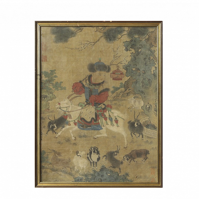 Chinese painting ‘Young Yuan playing with baby rams’, Qing dynasty