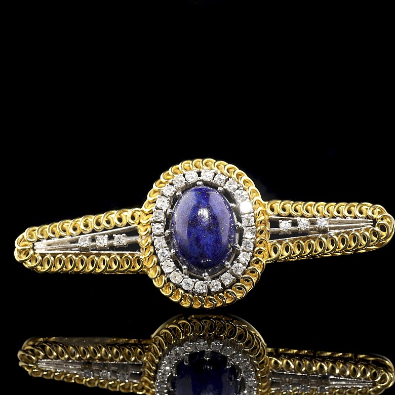 Yellow and white gold brooch with diamonds and lapis lazuli