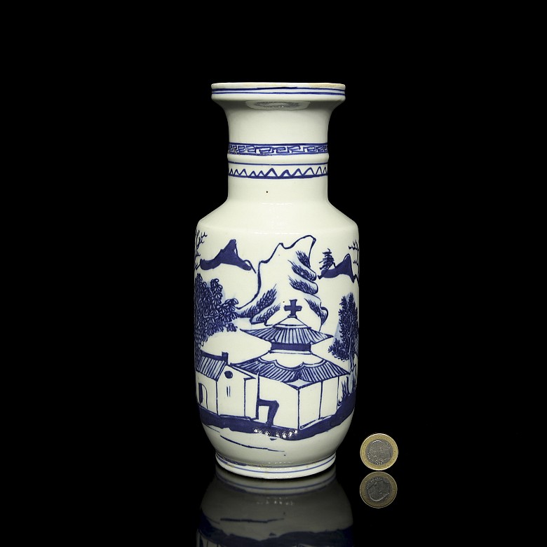 Blue and white porcelain vase “Landscape”, with Kangxi seal - 7