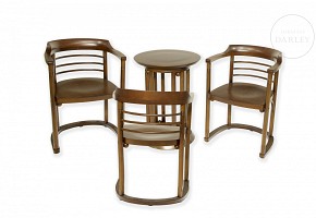 Jose Hoffmann style walnut table and armchairs