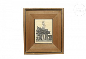 Asian engraving ‘Temple Gate’, 20th century