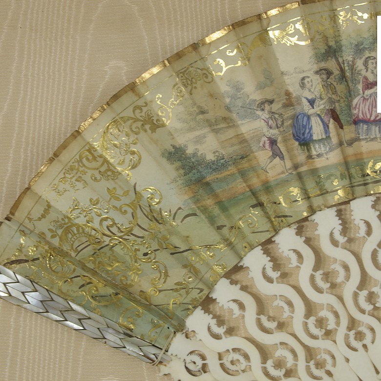 Bone and paper hand fan, with fan holder.