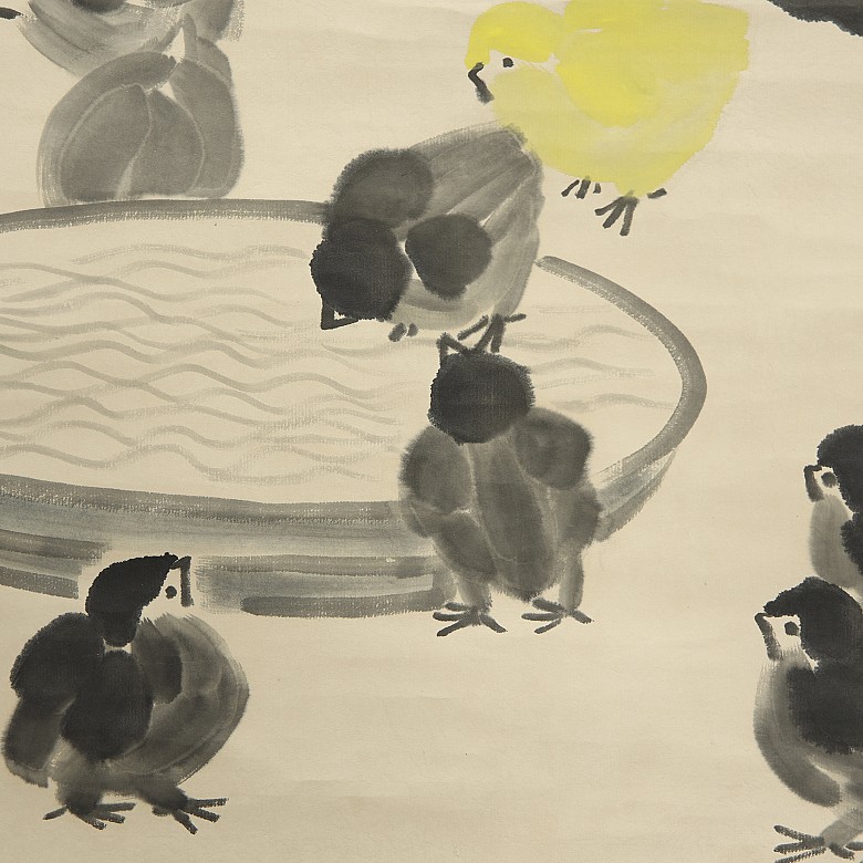 Chinese painting ‘Cockerel with chicks’, 20th century