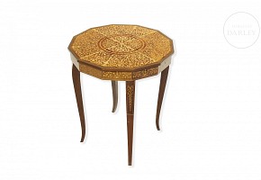 Wooden sewing table with marquetry decoration, 20th century