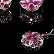 Set of ruby and diamond earrings, ring and pendant