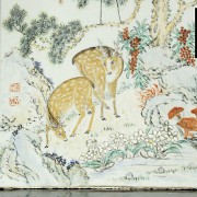 Porcelain enameled plate with deer and cranes, 20th century