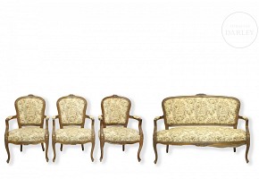 Set of wooden sofa and chairs with floral upholstery, 20th century