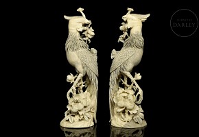 Pair of ivory carvings ‘Phoenix on branch’, early 20th century