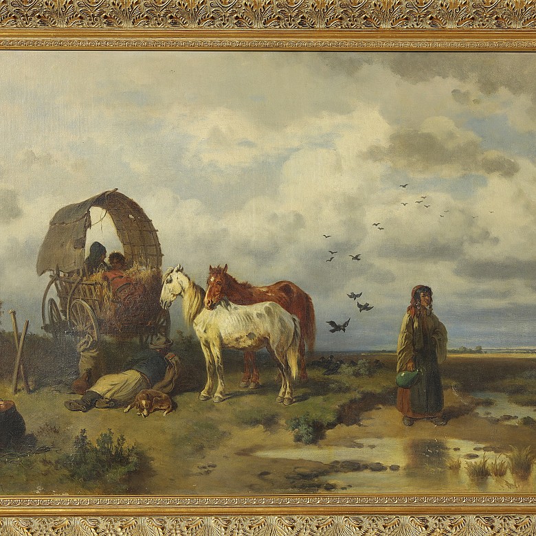 Adolf van der Venne (1828 - 1911) “Crossing with horses”