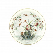 Porcelain dish with Peaches and Bats, Qianlong seal mark.