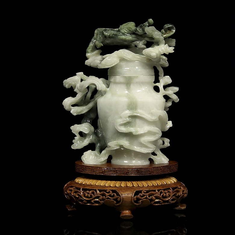 Chinese jade vase with lid and wood pedestal, 20th century