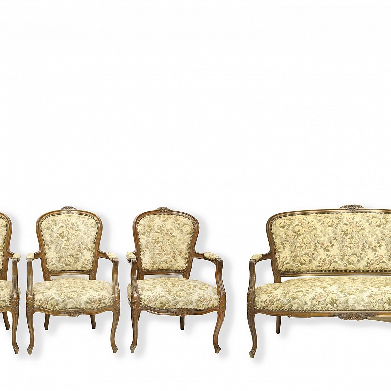 Set of wooden sofa and chairs with floral upholstery, 20th century