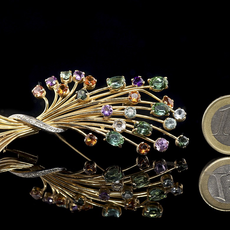 Brooch ‘Bouquet’ in yellow gold with coloured stones