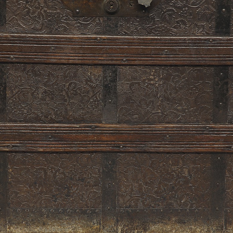 Metal and embossed leather chest, 19th century