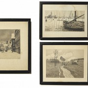 Three Engravings ‘City, port and countryside’, early 20th century