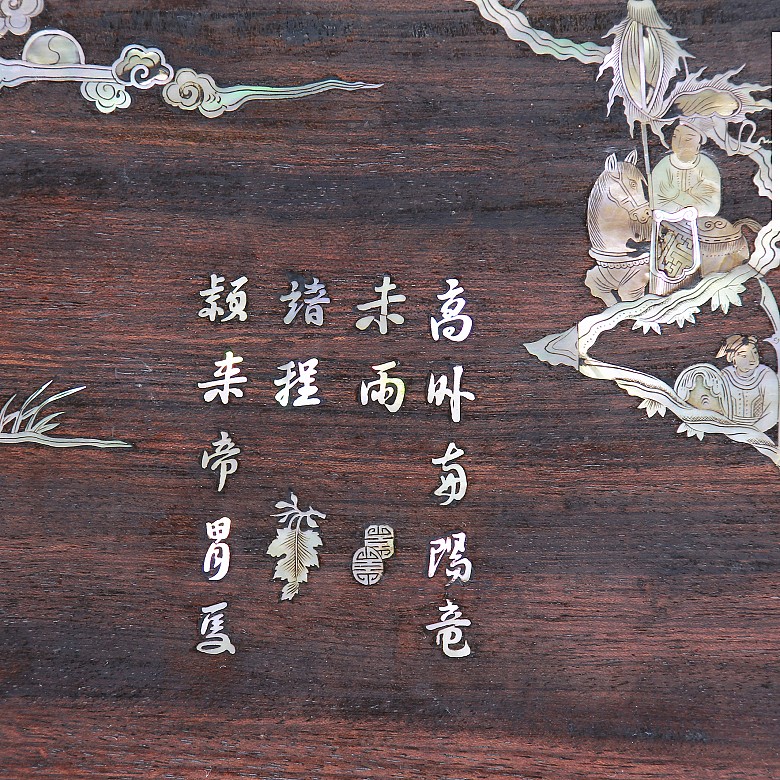 Chinese wooden plaque with mother-of-pearl inlays.