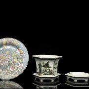 Four enamelled porcelain objects, 20th century