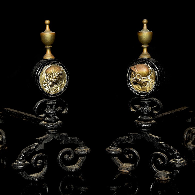 Pair of bronze and iron morels, 20th century