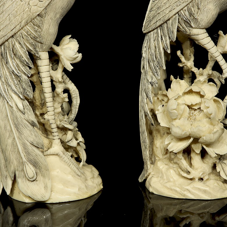 Pair of ivory carvings ‘Phoenix on branch’, early 20th century