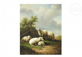 W. Coter (20th century) ‘Landscape with lambs’