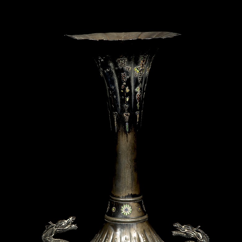 Carved ivory and silver enamelled vase, 19th century