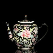 Porcelain enamelled, black family, ‘flowers’ teapot, 20th century