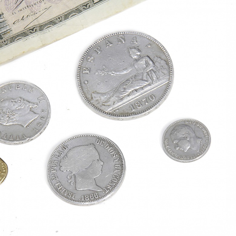 Lot of five coins and one banknote, 1751 - 1935.