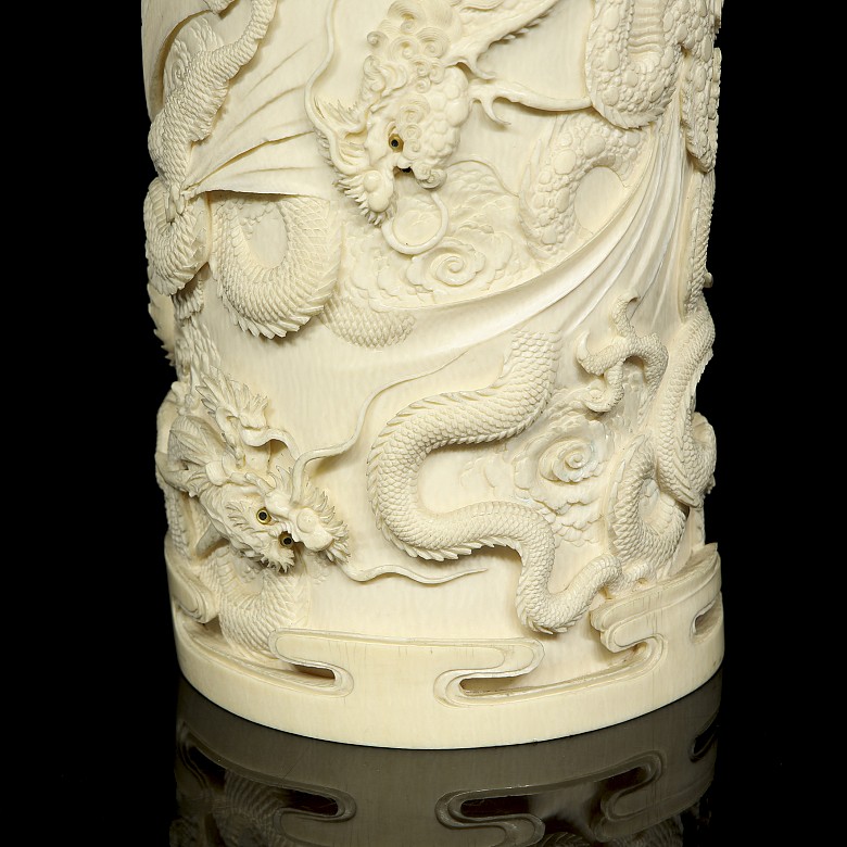 Carved ivory cylinder ‘Dragons’, 20th century