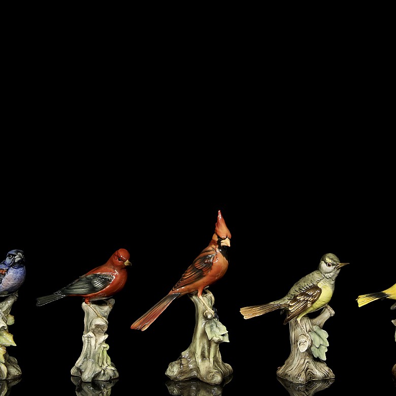 Grupo de cinco aves de porcelana, s.XX