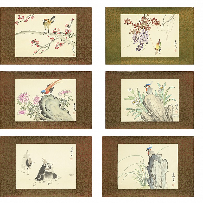 Set of six Chinese paintings ‘Birds and flowers’, 20th century