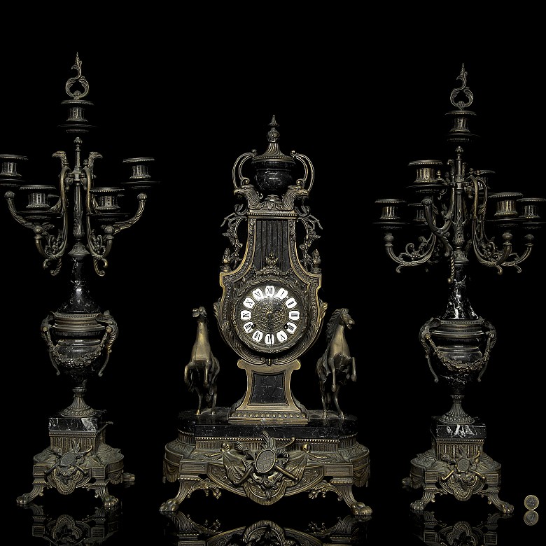 Bronze and marble clock with garnish, 20th century