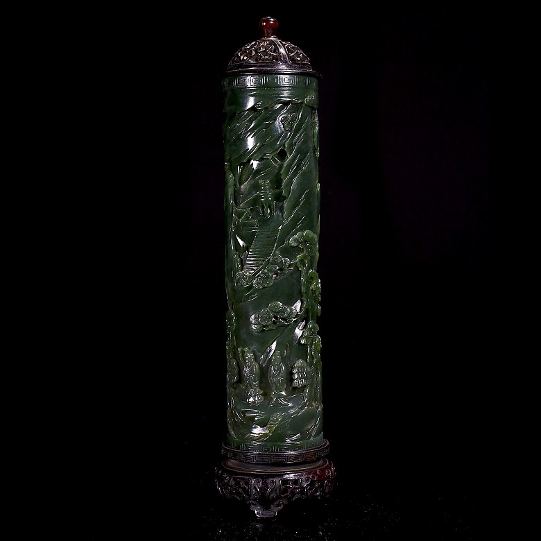 Pair of spinach green jade incense burners, Qing dynasty