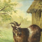 P. Larson (20th century) ‘Goats by the stable’