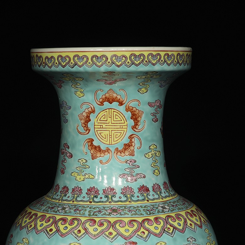 Large sky-blue vase with peaches, 20th century