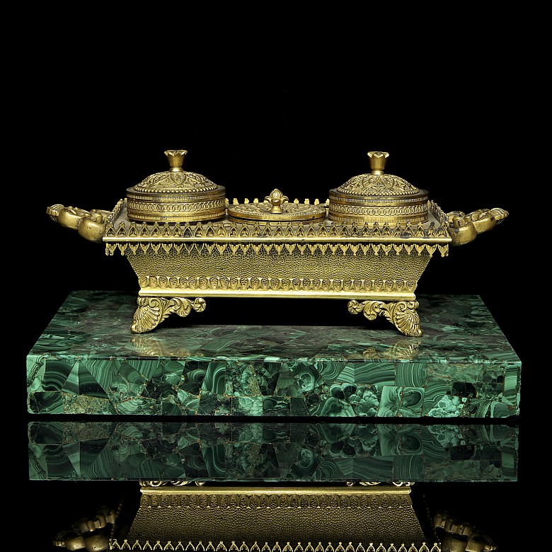 Louis XIV style scribe's desk on malachite, 19th century