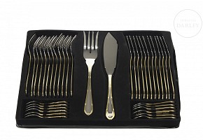 Large silver plated metal cutlery set with case, RSR