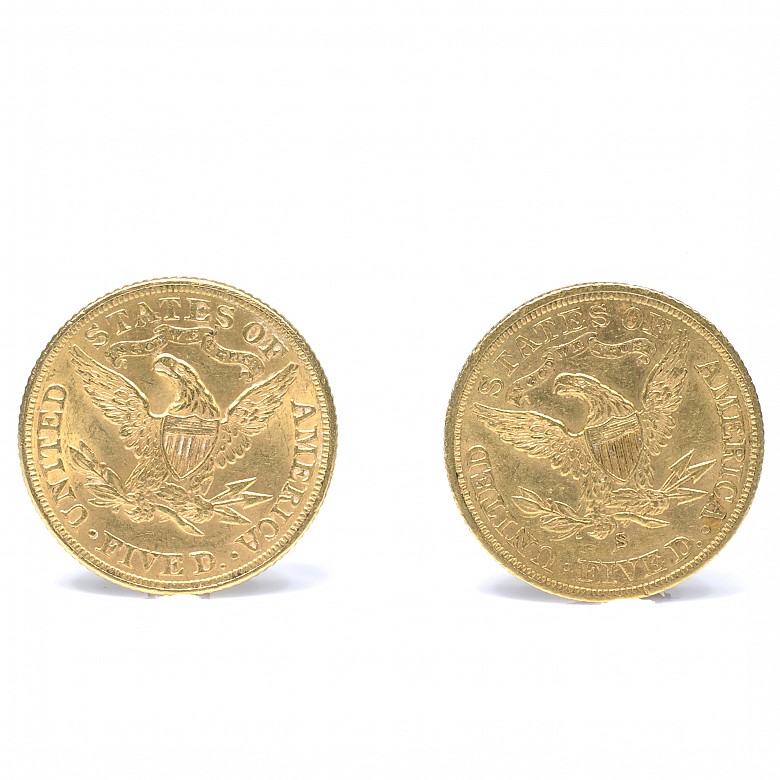 Dos monedas de 5 dólares de oro 900 milésimas