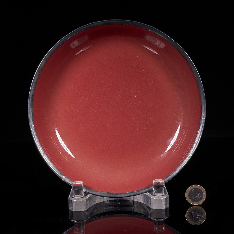 Red glazed porcelain dish with silver applications, Qing dynasty