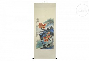 Chinese painting ‘Lotuses and poem’, 20th century