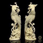 Pair of ivory carvings ‘Phoenix on branch’, early 20th century