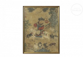 Chinese painting ‘Young Yuan playing with baby rams’, Qing dynasty