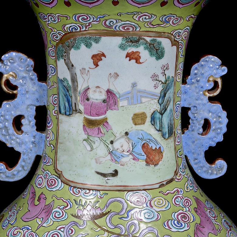 Pair of large enamelled ‘Celebration’ famille rose vases, Qing dynasty