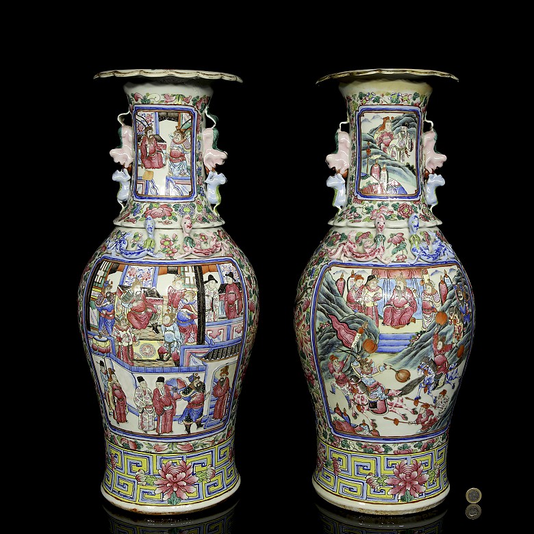 Pair of enamelled vases famille rose “Palace scenes”, Qing dynasty