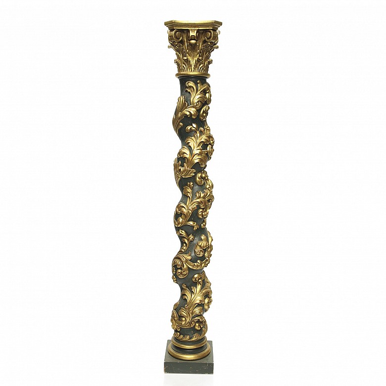 Solomonic carved and polychromed wooden column, 20th century