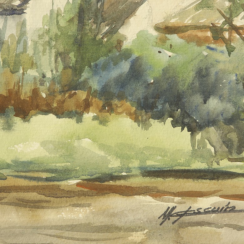 Watercolor (20th century) “Road with houses”